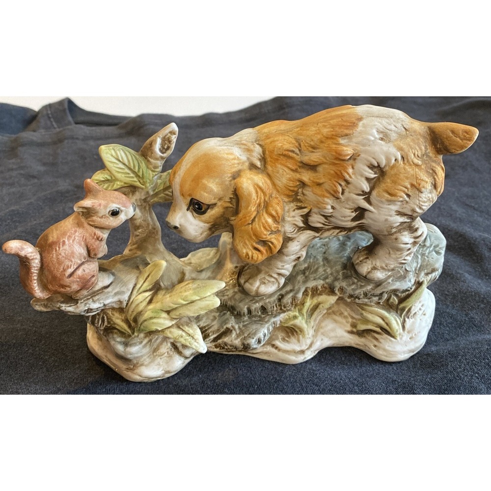 Vintage Cocker Spaniel Puppy Dog And Squirrel Figurine Very Rare Cottagecore RL